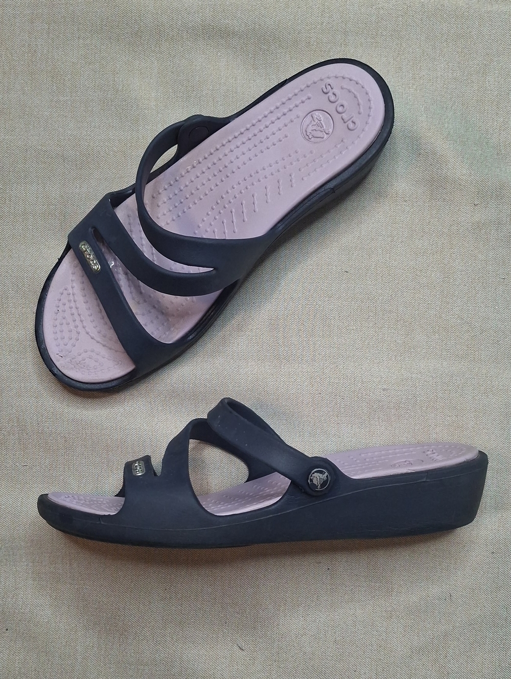 CROCS Black Wedge Sandals with Light Pink Footbed